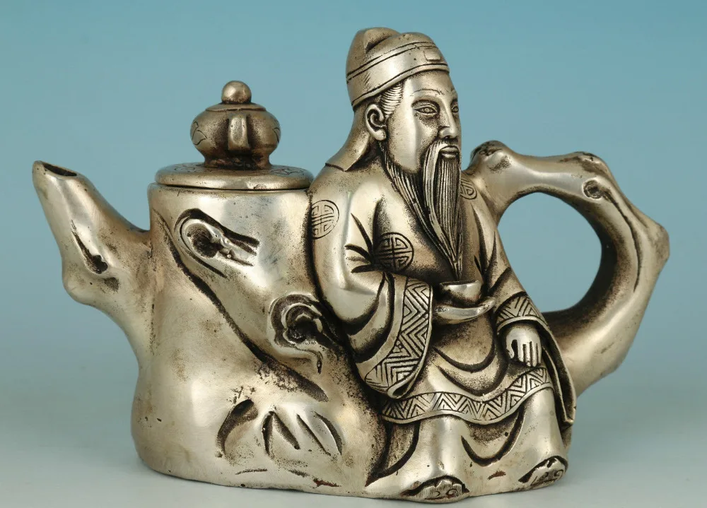 

Details about Asian Chinese Old Copper Plating Silver Buddha Wine God Teapot Statue