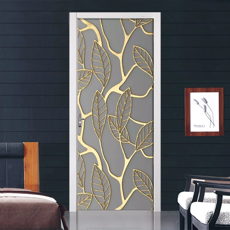 Creative 3D Golden Leaves Door Sticker DIY Home Decor Decal Self Adhesive Wallpaper Waterproof Mural For Bedroom Door Renovation