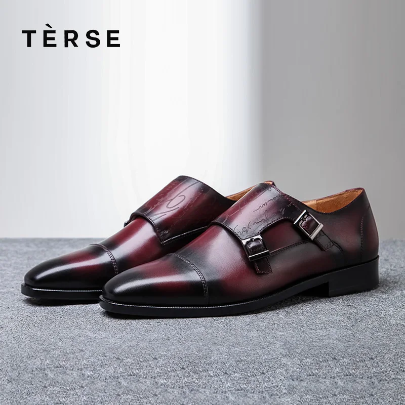 

TERSE_Leather monk shoes for man handmade vintage dress shoes top quality genuine leather mans wedding shoes 15770-32