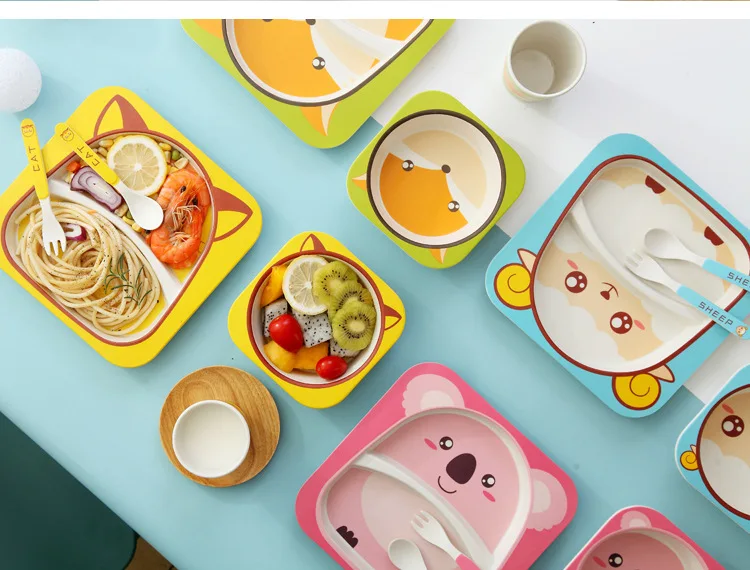 Новинка, 5 комплектов детской посуды, мультяшная рисовая чашка для кормления малыша чашка для еды, бамбуковое волокно, Детские милые столовые приборы, посуда для мальчиков и девочек
