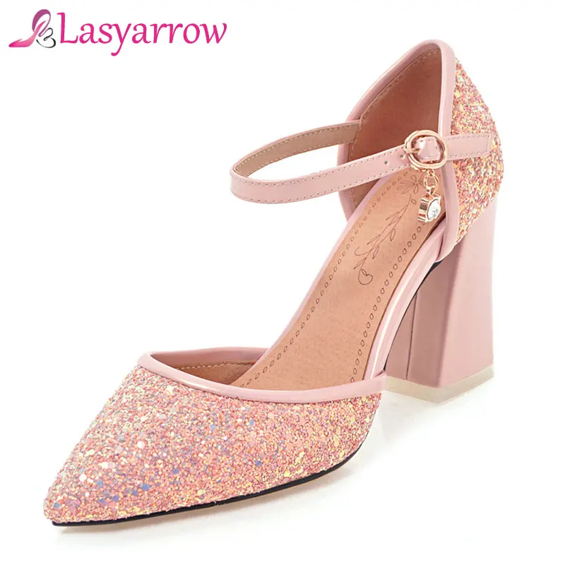 

Lasyarrow Brand Women's Shoes Thick Heel Pointed Toe Pumps Shoes BlingBling Party Wedding Shoes Black White Sapatos Mujer RM027