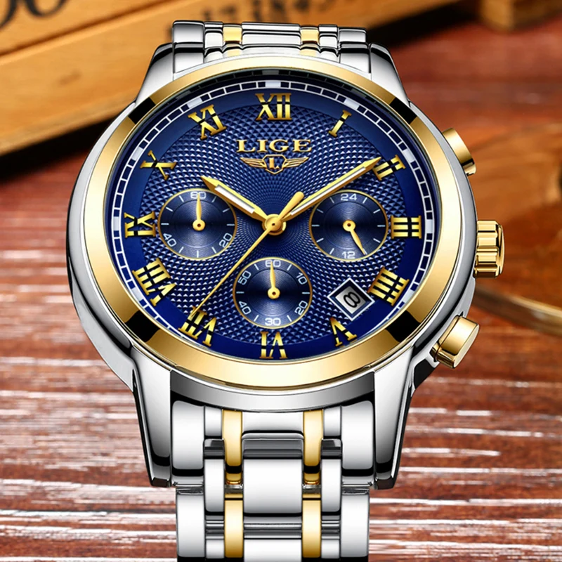 LIGE Men's Watches Fashion Brand Chronograph Quartz Watch Men All Steel Strap Military Sport Wrist Watch Gold Relogio Masculino