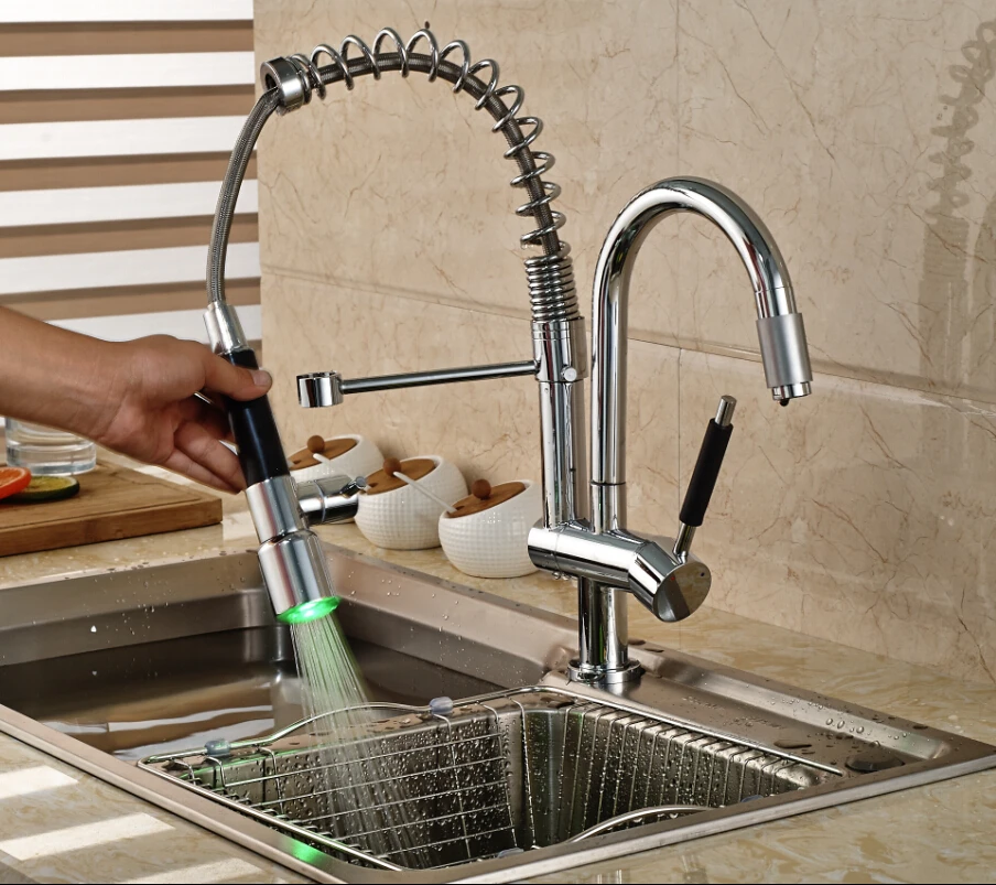 Modern Design Deck Mount Spring Double Swivel Spout Kitchen Mixer Faucet Single Handle with LED Light