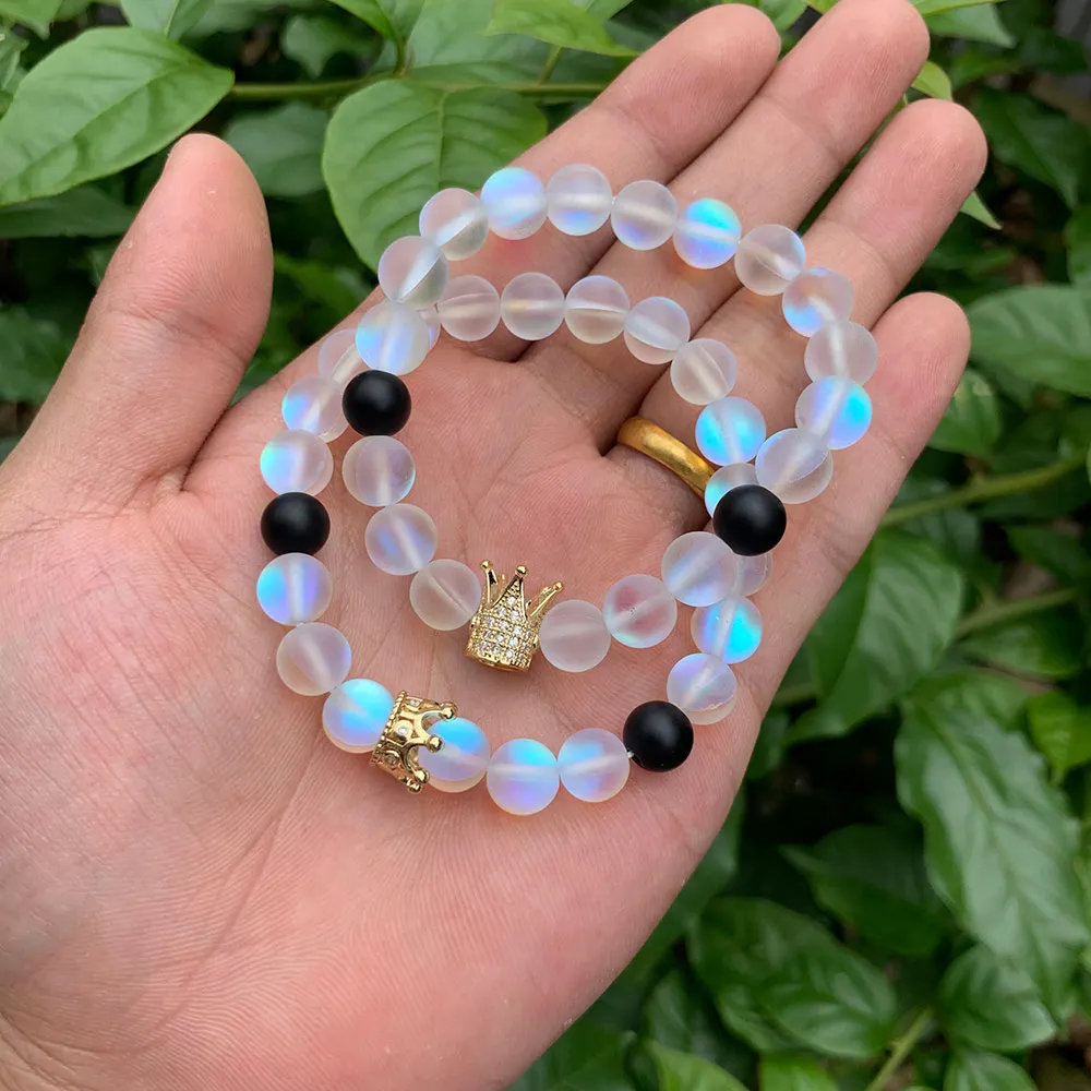 

2pcs/set king queen CZ crown Moonstone stone women bracelet stacks matte Crystal beads Bracelets for women jewelry accessories