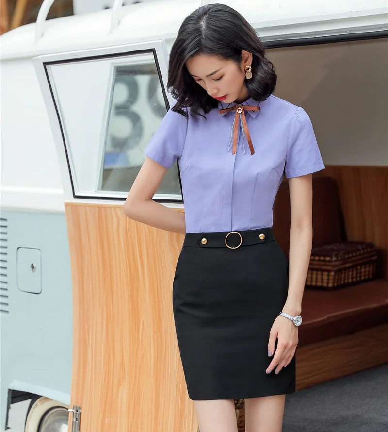Summer Ladies Work Blouses Women Business Suit with Skirt and Top Sets