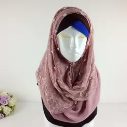 Роскошные розы кружева шарф новый жемчуг Дизайн плотная кружевная накидка хлопок, вискоза мусульманский шарфы хиджабы модные бусины шарф