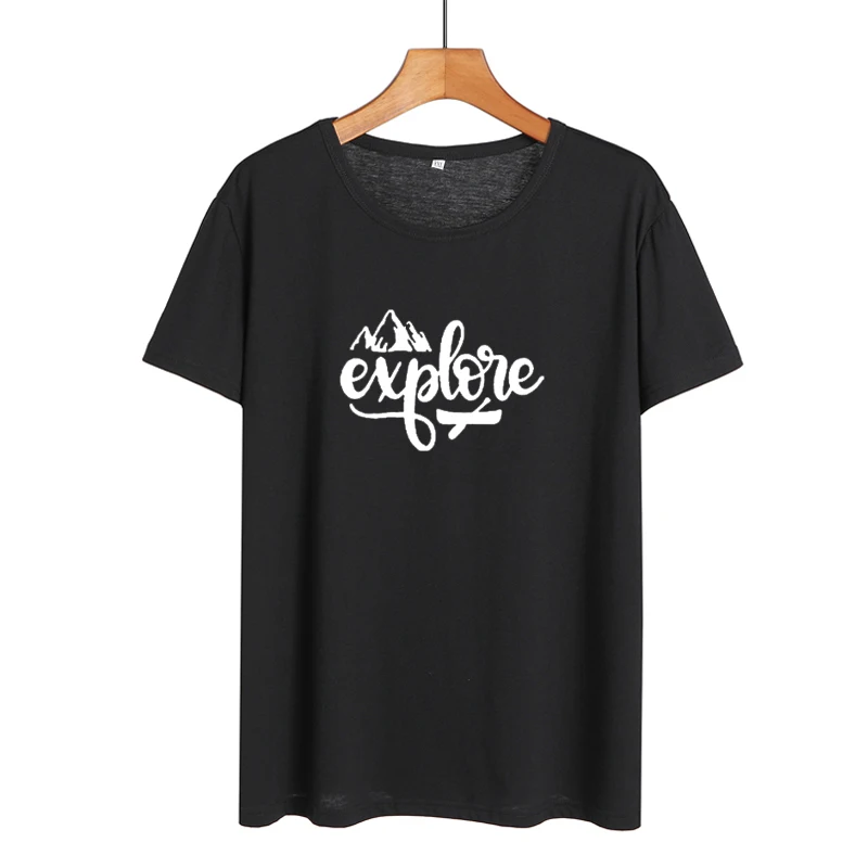 

Hipster Explore Tshirt Womens Outdoor Travel Harajuku Graphic Tee Shirt Summer Casual Cotton Crewneck T-shirt Black White