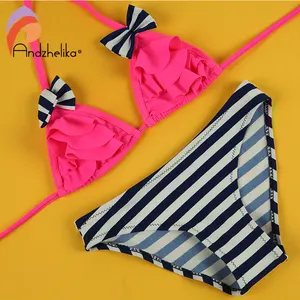 Andzhelika Bikinis Set Children's Swimsuit Cute Bow Solid Striped Bottom Girls Swimwear Swimming Suit 10-16 Year Old
