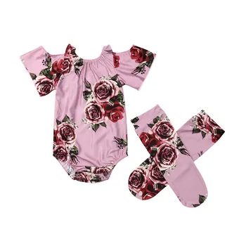 

Cute Baby Girls Flower Clothes Sets Shoulderless Sling Bodysuits Short Sleeve O-Neck Sunsuits Leg Warmers 2Pcs Floral Sets 0-24M