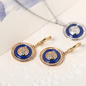 585 розовое золото белый керамический комплект круглых ювелирных украшений для женщин элегантные хрустальные висячие серьги круглые стразы модное ожерелье с подвесками - Окраска металла: Blue Gold Silver Set
