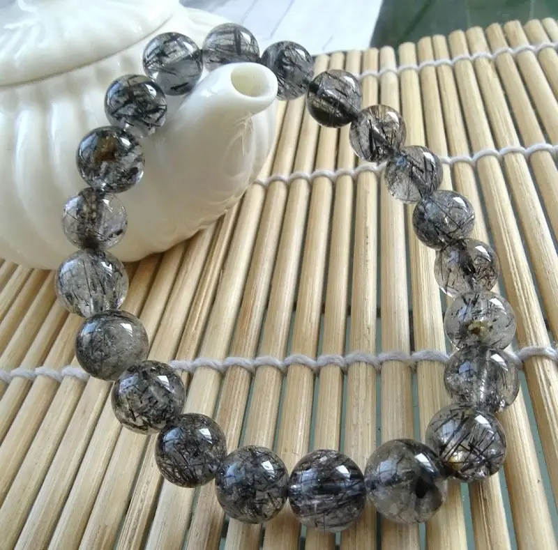 

002000 natural genuine black tourmaline quartz beads bracelet