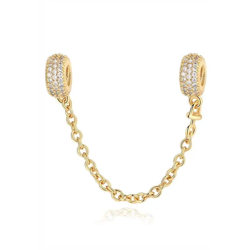 Safety Chain Gold Подлинная бусины из стерлингового серебра 925 Очаровательная Элегантная блестящая клипса пробка талисманы Кристалл Fit Pandora Браслеты для женщин DIY ювелирные изделия - Цвет: Safety Chain Gold