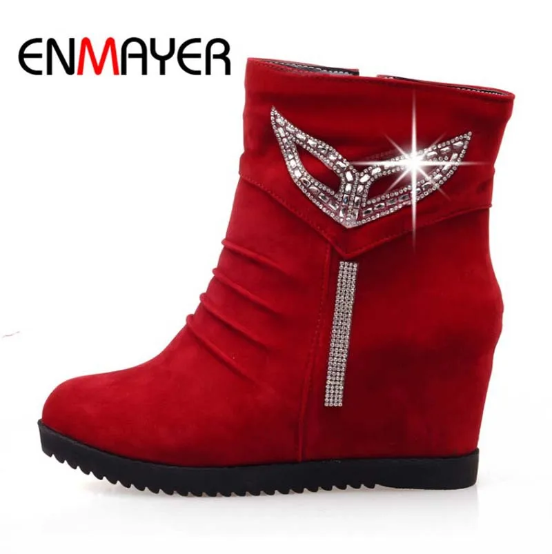 

ENMAYER new women boots winter Rhinestone ankle boots high platform fur inside round toe motorcycle shoes women Wedges zipper