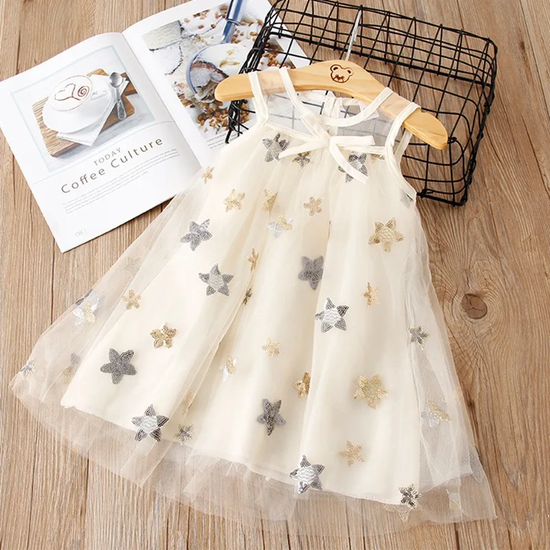 

2019 New Summer Children kid's girls sweet cute Pentagram embroidery mesh bow strap Princess tank-dress dresses C2243