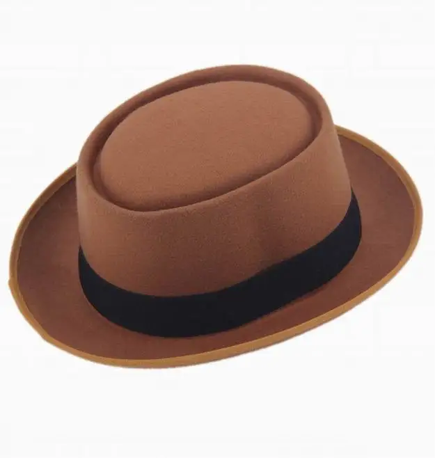 Винтаж плоский Топ мужские классические фетр свиной пирог Porkpie Fedora Шляпа Chapea кепки Upturn Masculino черная лента группа Панама шапки - Цвет: Light Tan