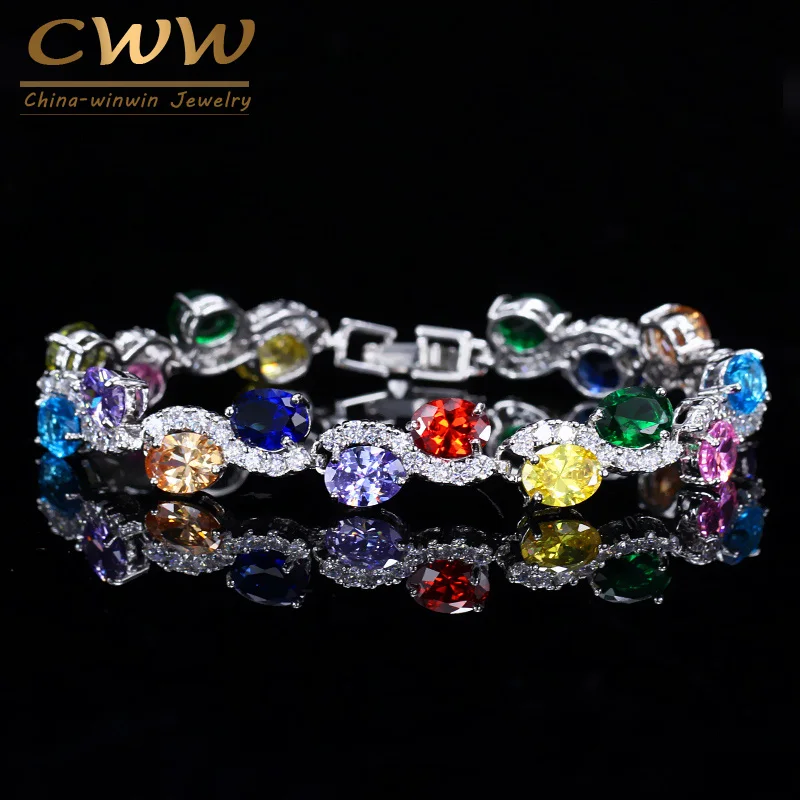 

CWWZircons Brand Beautiful White Gold Color Chain link Fashion Women Multicolor CZ Bracelets Female Jewelry CB115