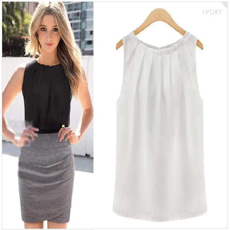 

Sleeveless Cool Women Summer Blusas Casual Style Solid Color Round Neck Chiffon Blouse Shirt Women Tops