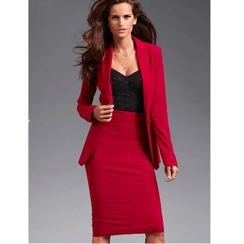 Женский костюм из двух частей(куртка+ юбка) Женский деловой официальный офисный профессиональная одежда Женская мода Тонкий костюм юбка - Цвет: red
