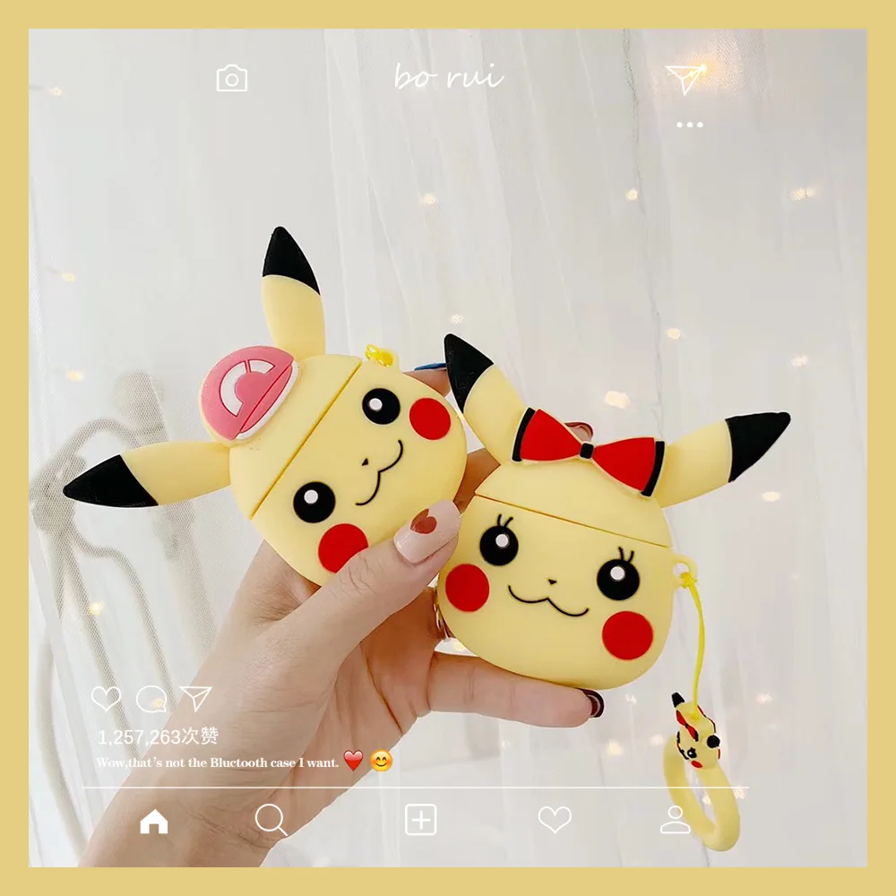 New With Bow hat 3D Pikachu Earphone Case Apple AirPods Keychain Soft Silicone Wireless Bluetooth Headphones Cases Pokemon Cover