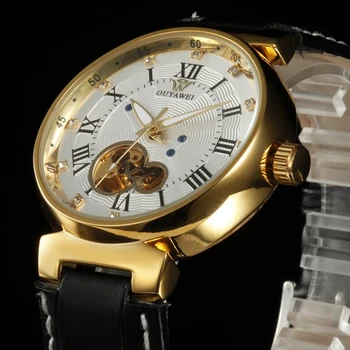 

OUYAWEI White Golden Watches Men Skeleton Automatic Mechanical Watch Leather Strap Luxury Watch Montre Homme Wristwatch Relojoes
