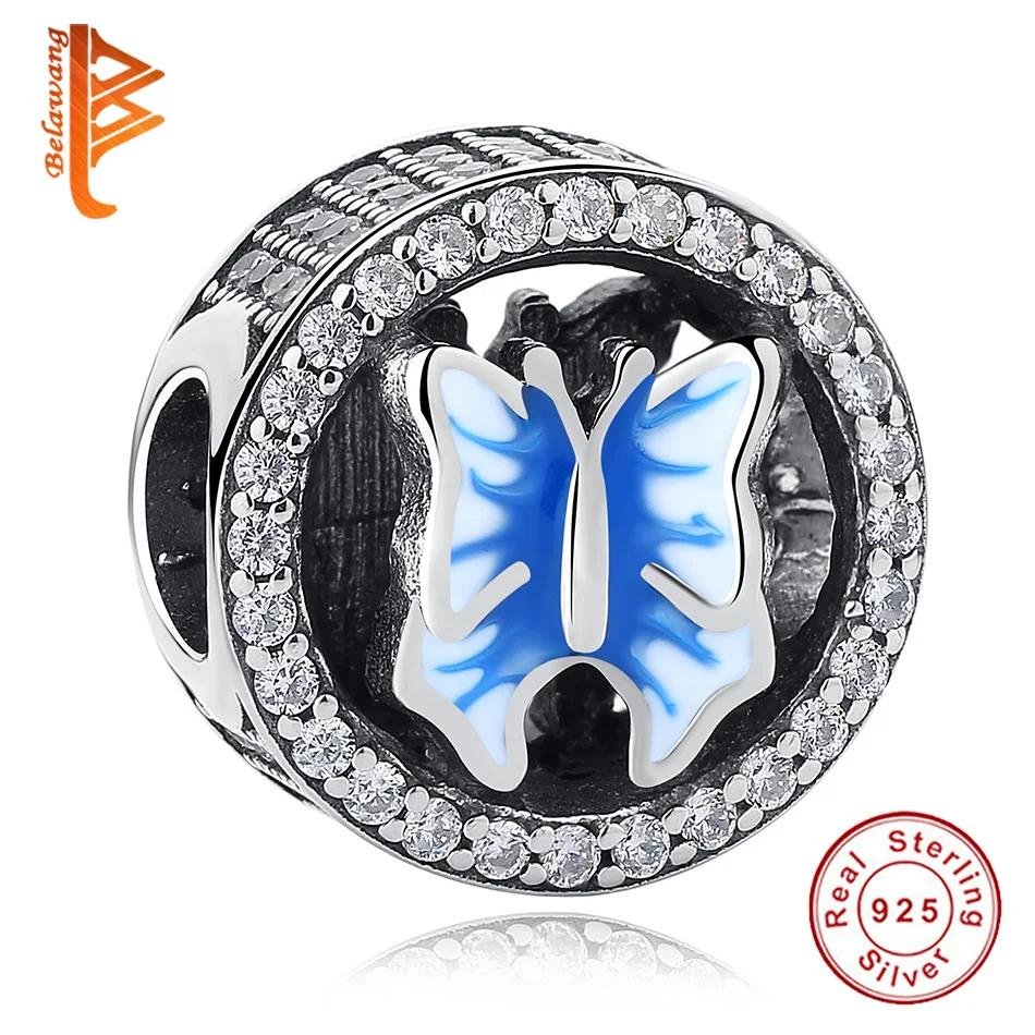 

BELAWANG Authentic 925 Sterling Silver Openwork Butterfly Round Charm for Women Beaded Bracelet Jewelry Making Fashion Jewelry