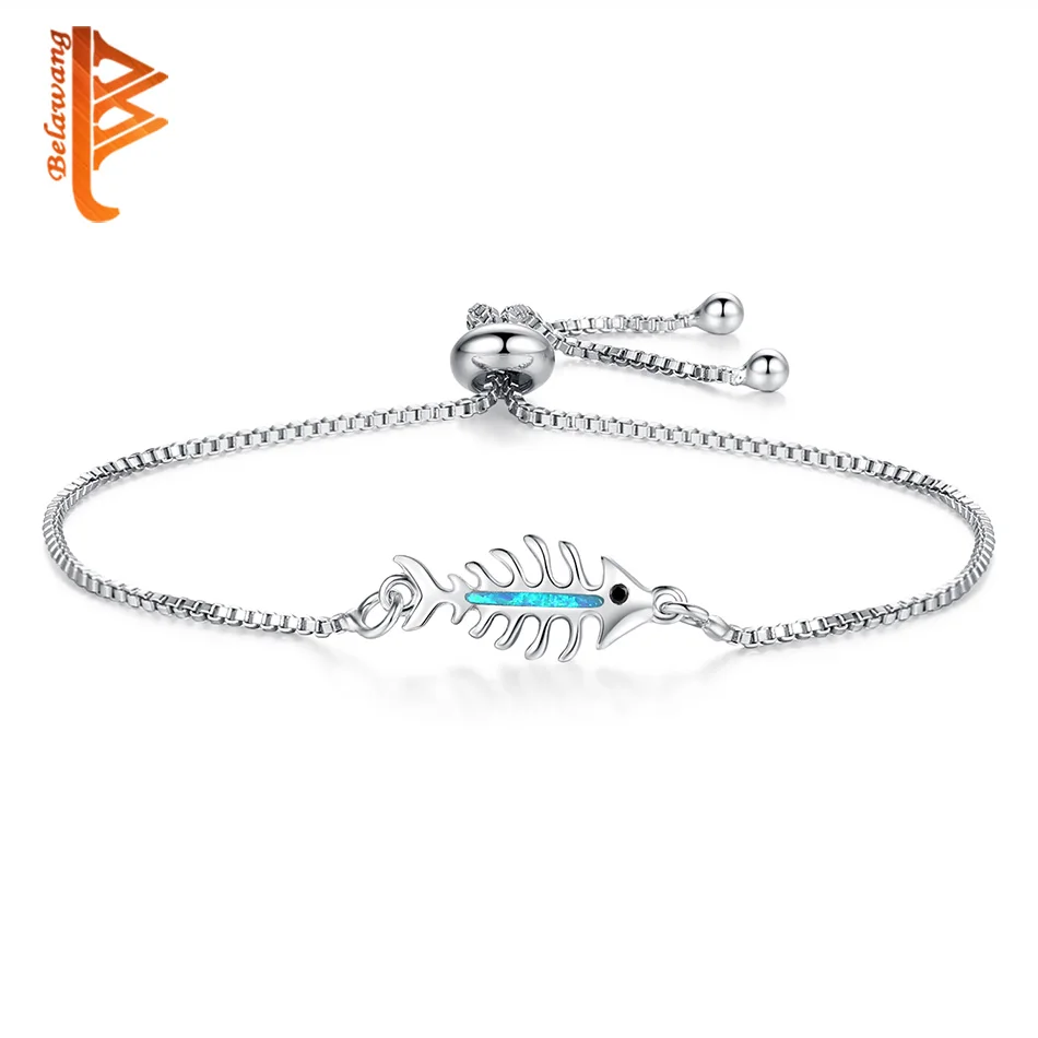 

Adjustable Silver Bracelets for Women Girl Cute Lovely Blue Opal Fish Bone Charm Bracelets Wedding Birthday Part Jewelry Gift