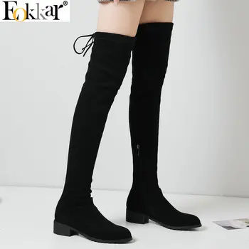 

Eokkar 2020 Women Over The Knee High Boots Round Toe Women Shoes Square Mid Heel Flock Warm Inside Ladies Boots Size 34-43