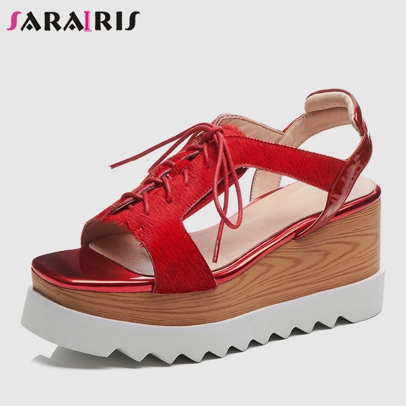 

SARAIRIS 2019 New Girl Fashion Red Horsehair Sandals Women Summer Thick Platform Casual Women High Wedges Shoes Woman lace-up