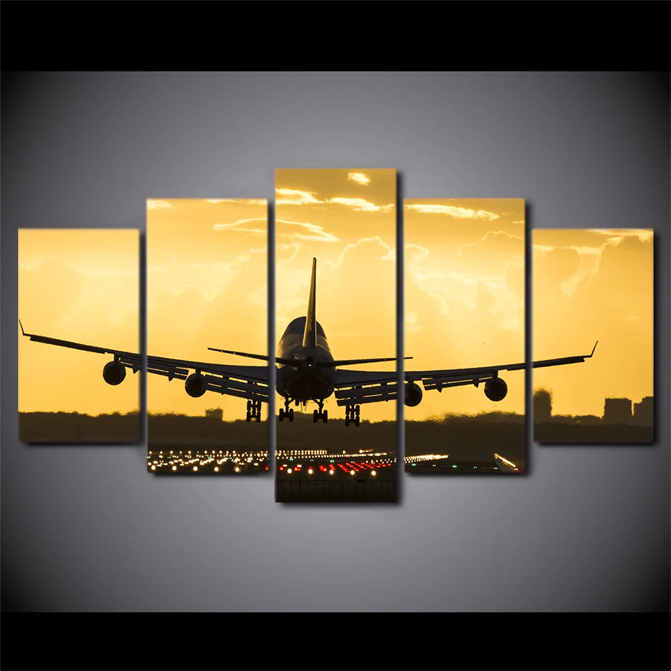 Wall-Art-Poster-Home-Decoration-Modern-5-Panel-Golden-Sunset-Plane-Living-Room-Canvas-HD-Print