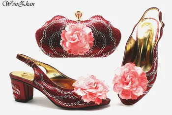 

Italian Matching Med Shoes And Bag Set Wine With Artificial Flower Style Ladies Shoes And Bag To Match For Wedding Dress E93-31