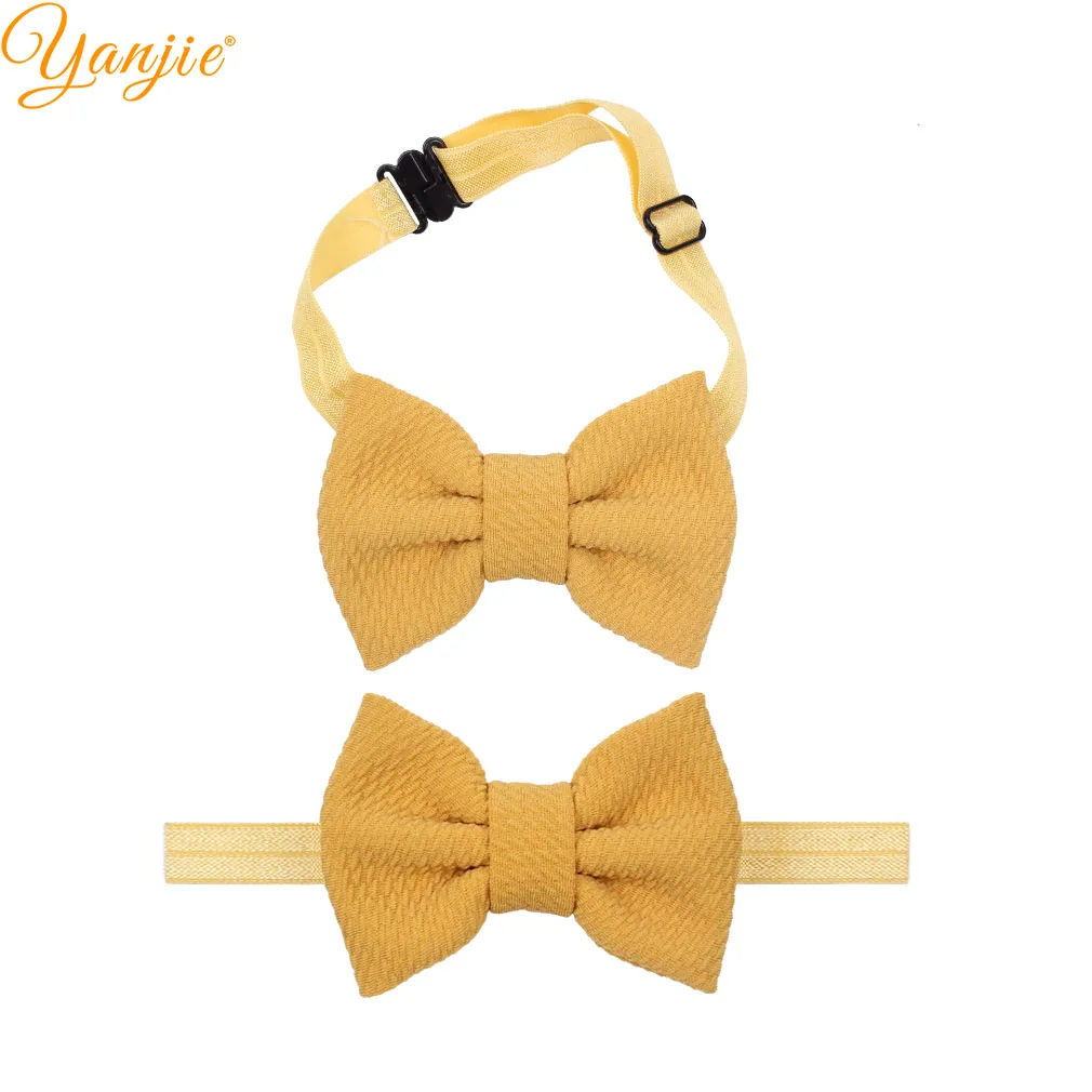 

1set Classic 4'' Waffle Hairbow Boy Adjustable Tuxedo Bow Tie Elastic Headband For Girl Kids Wedding Shirt Hair Accessories