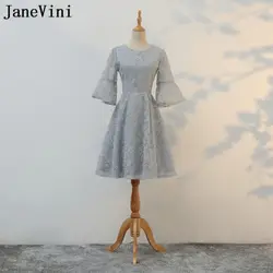 JaneVini/серое короткое платье для свадебной вечеринки, женское платье, кружевное платье подружки невесты с коротким рукавом, платье на молнии