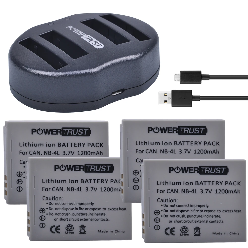 

4Pcs 1200mAh NB-4L NB 4L NB4L Battery + USB Dual Charger for Canon IXUS 60 65 80 75 100 I20 110 115 120 130 IS 117 220 225 HS