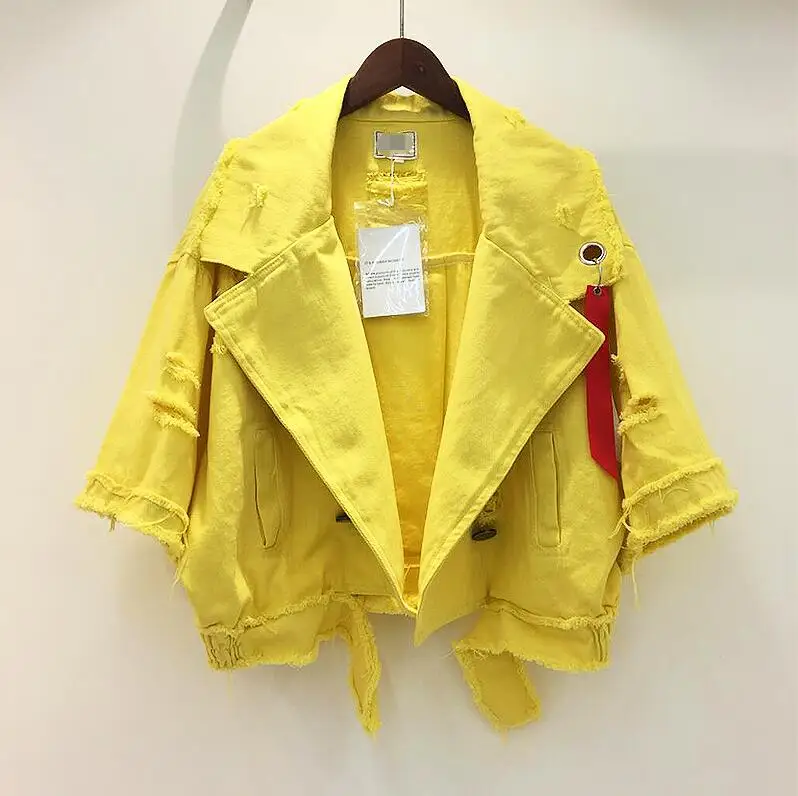 2018 Lettres Courte Jeans allumette Printemps Veste Femmes Femelle jaune De Tout Trous Rose Lâche Nouveau Ruban Manteau blanc Outwear Denim rxqrzpY1w