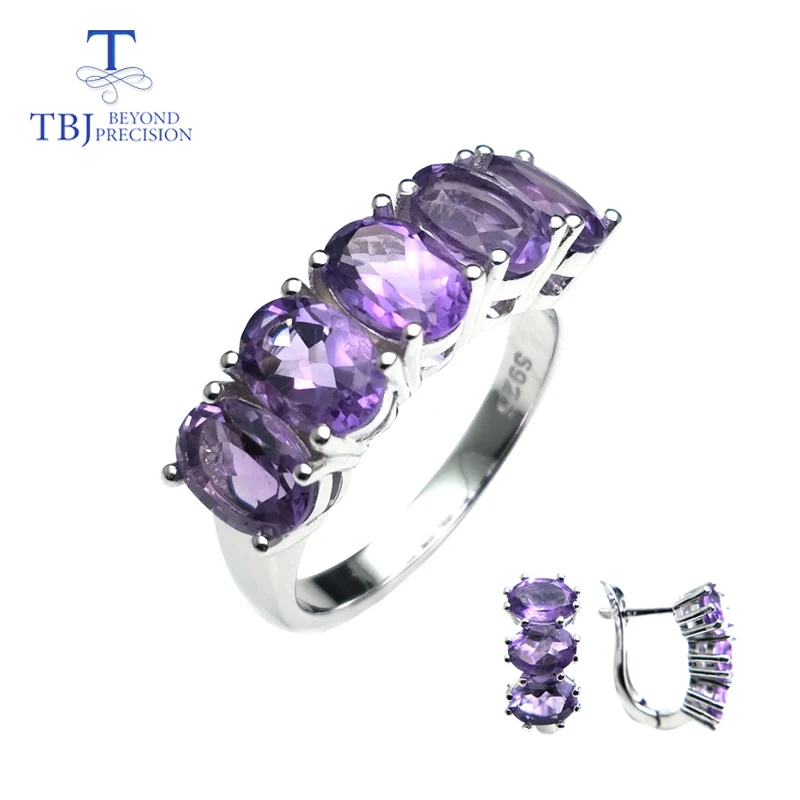 

TBJ,natural brazil amethyst jewelry set ring and earring in 925 sterling silver fine jewelry for women daily wear Valentine gift