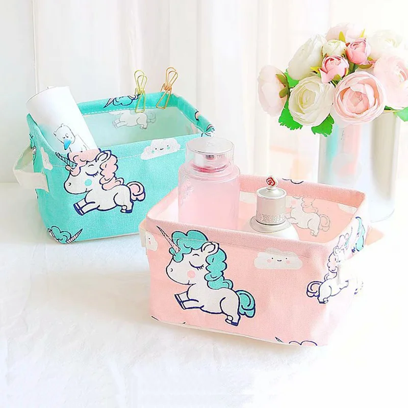 

Unicorn Desktop Storage Basket Sundries Storage Box Linen Desk Container Makeup Organizer Case For Home Decoration