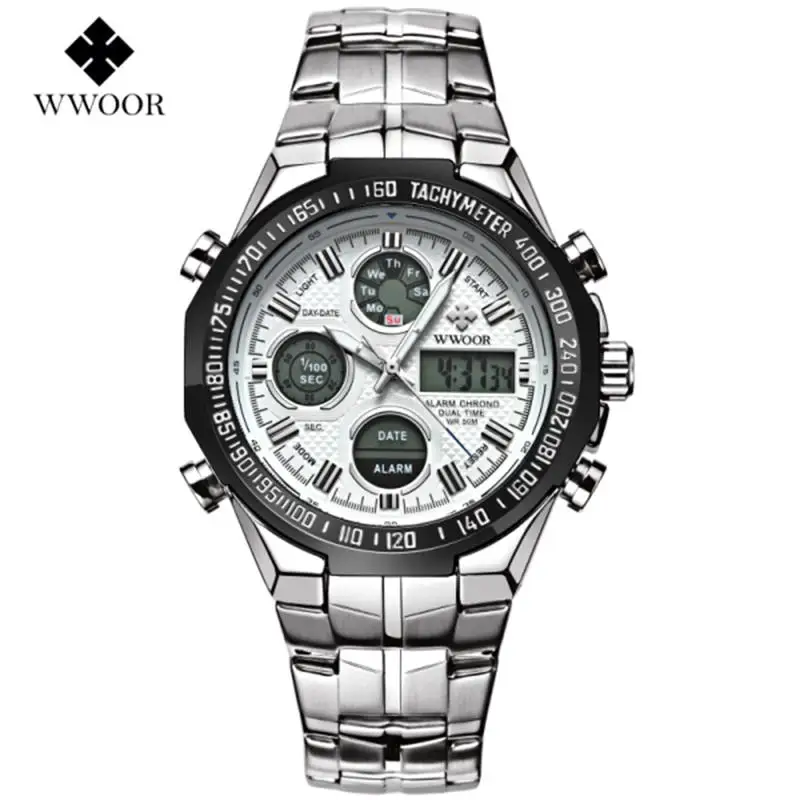 Лидирующий бренд WWOOR Япония двойной ход Мужские t кварцевые цифровые часы мужские спортивные светодиодный часы в стиле милитари наручные часы полностью стальные мужские часы
