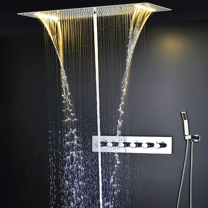 

Multifunction LED Shower Kit Recessed Big Rain Column Waterfall Mist Showerhead Luxury Douche Set Systeem with Hot / Cold Valve