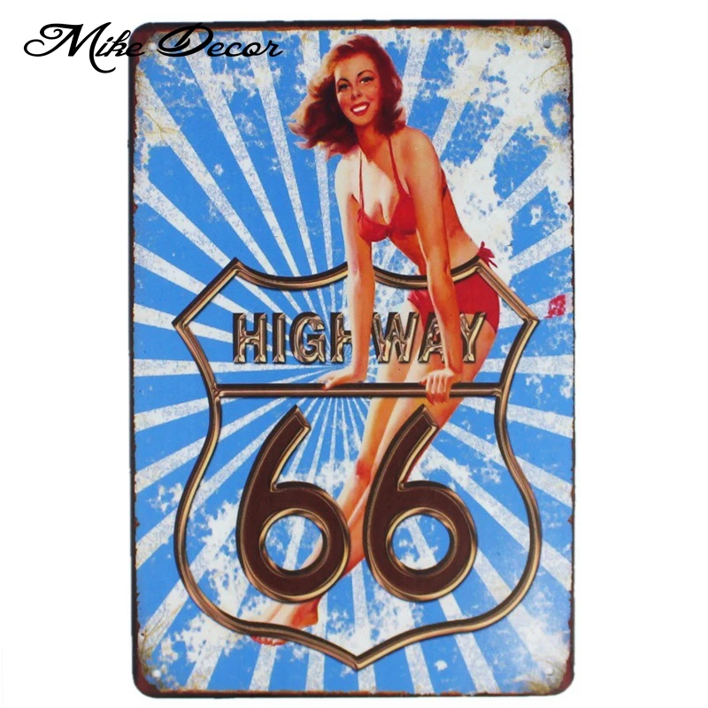 [ Mike86 ] Route 66 Pinup Lady Retro Metal Plaque Bar Home Public Decor Vintage Wall art Craft 20*30 CM Mix Items AA-1056