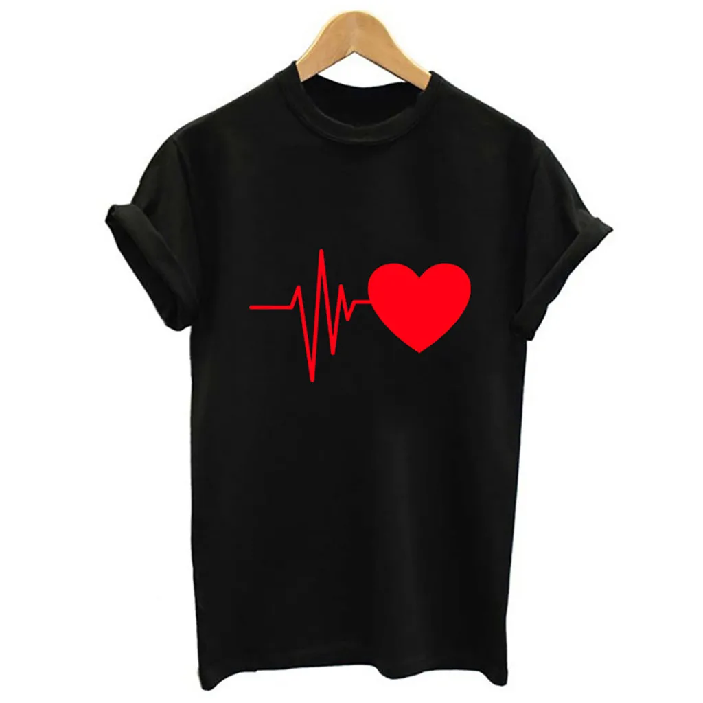 Женская блузка Футболка летняя модная свободная футболка с короткими рукавами и принтом сердца для девочек Повседневная футболка с круглым вырезом для девочек