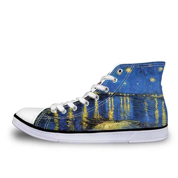 WHEREISART/классическая женская Вулканизированная обувь; модная парусиновая обувь с высоким берцем ручной работы, с рисунком звездной ночи; женская обувь на плоской подошве с изображением Галактики - Цвет: W308AK