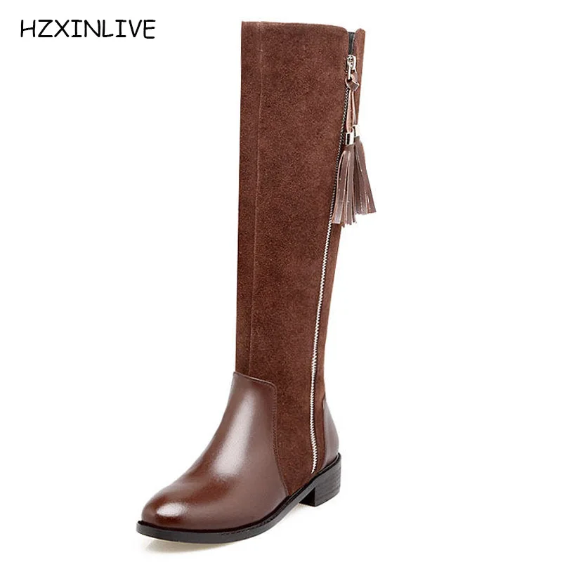

HZXINLIVE 2018 New Woman Boots Genuine Leather Knee High Boots Pointed Toe Womens Winter Boots Square heel Leather Shoes Women