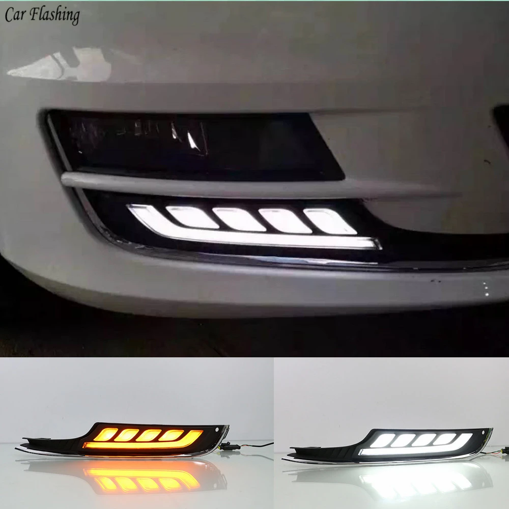 Автомобильный мигающий 1 комплект светодиодный DRL дневные ходовые огни дневной свет с желтым сигналом поворота для Volkswagen VW Golf 7 2013
