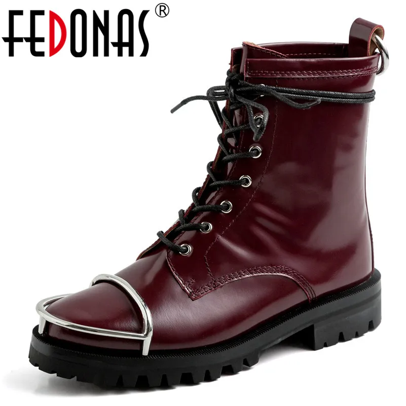 

FEDONAS Fashion Round Toe Design Low Heels Women Ankle Boots 2020 Autumn Winter New Genuine Leather Lace Up Party Basic Boots