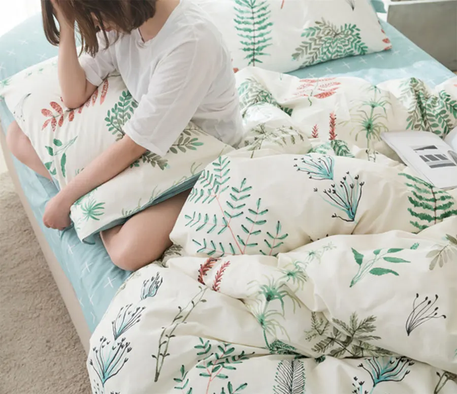 Green blue leaf single double bedding set adult teen,cotton twin full