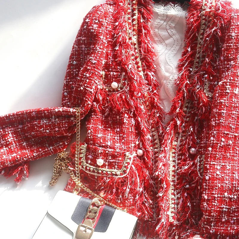 

New autumn winter red tassels short jacket small fragrant breeze short coat female V and coarse flowers