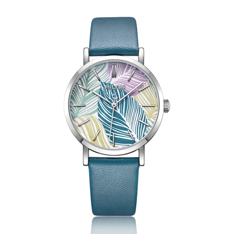 Юлий часы лист стиль геометрический узор современный дизайн циферблат мода кожа женская одежда часы 30 м водонепроницаемый Whatch JA-1090 - Цвет: Синий