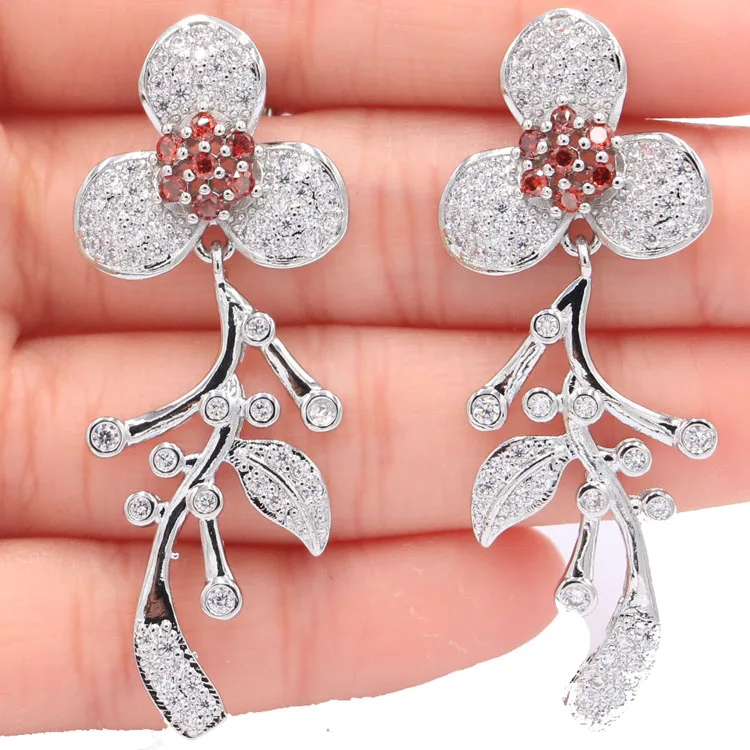 

Fancy Long Flowers Shape Orange Spessartine Garnet Woman's Gift 925 Silver Earrings 51x25mm