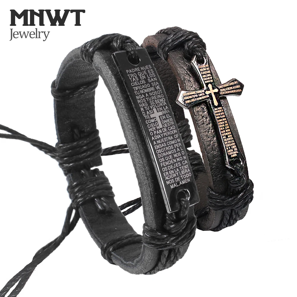 

MNFT Fashion Wamen Men Vintage Leather Bracelets Bible Text Prayer Cross Adjustable Wax Cord Handmade Cross Bracelet