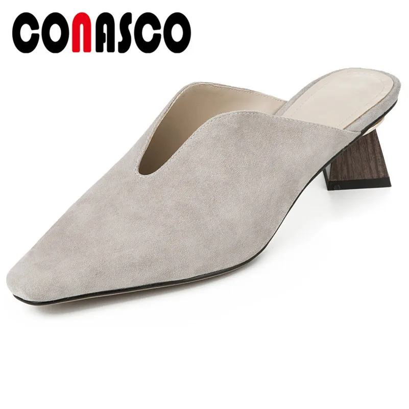 

CONASCO Mules Shoes Women Quality Suede Leather High Heels Pointed Toe Casual Shoes Spring Summer Dress Shoes Woman Retro Pumps